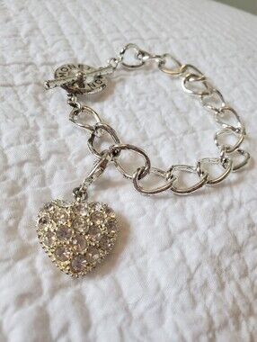 Monet Silver-tone Crystal Heart Charm Bracelet